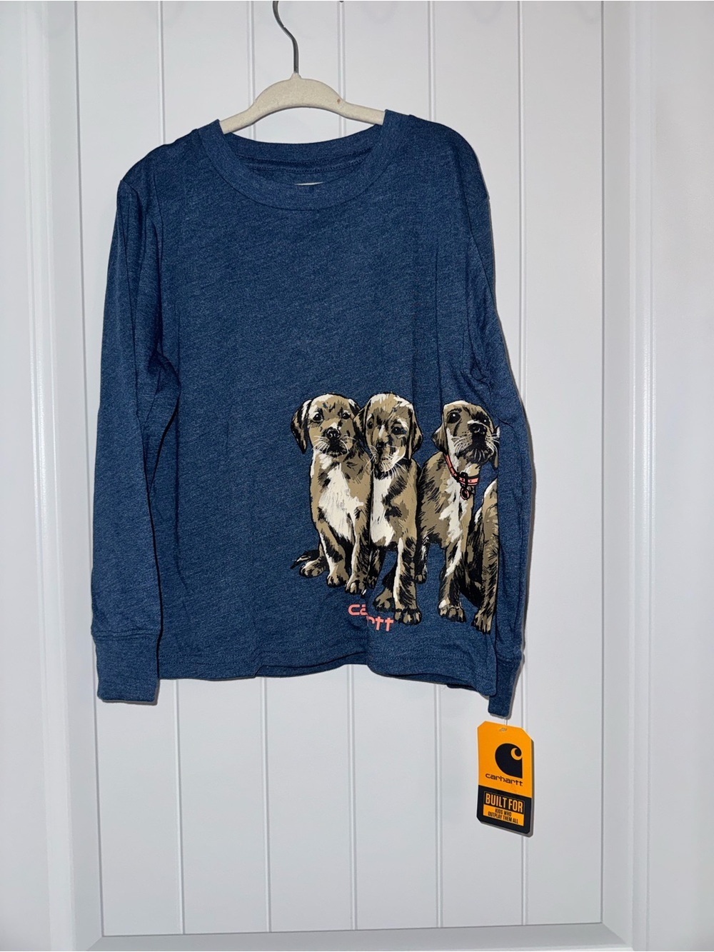 Carhartt Navy Long Sleeve Tee with Puppy Graphic and Coral Logo - Picture 2 of 6
